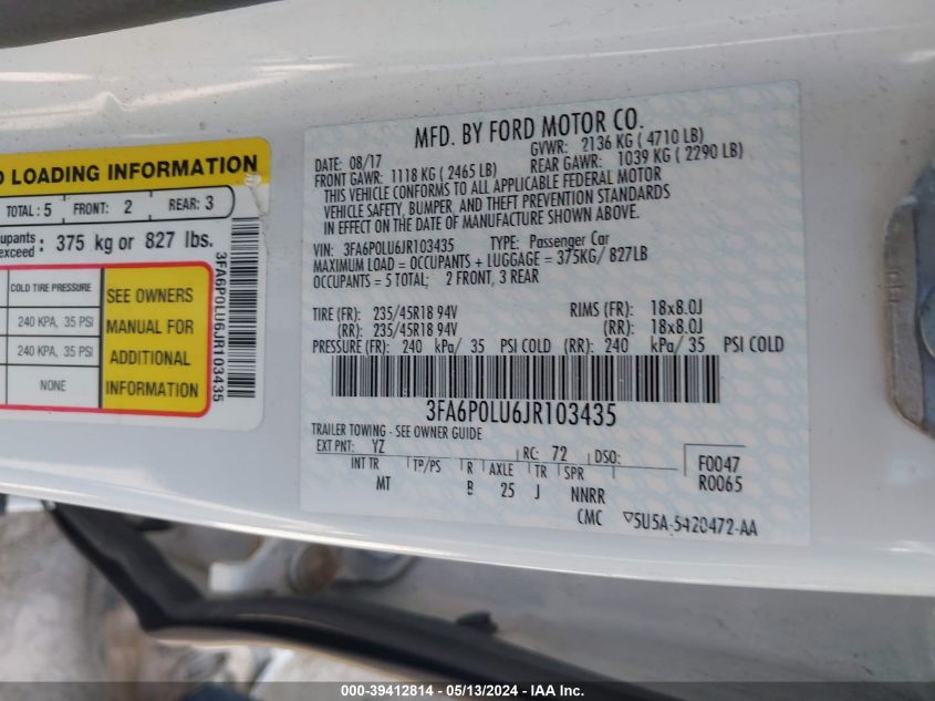 2018 FORD FUSION HYBRID SE - 3FA6P0LU6JR103435