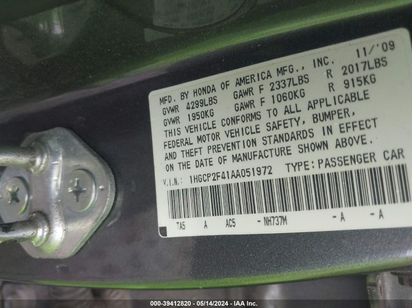 2010 Honda Accord 2.4 Lx-P VIN: 1HGCP2F41AA051972 Lot: 39412820