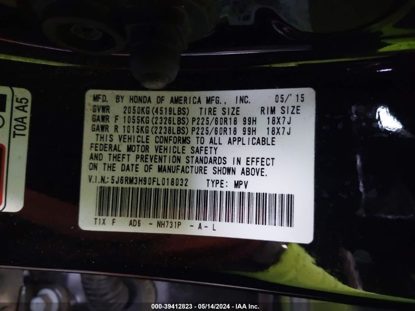 2015 Honda Cr-V Touring VIN: 5J6RM3H90FL018032 Lot: 39412823