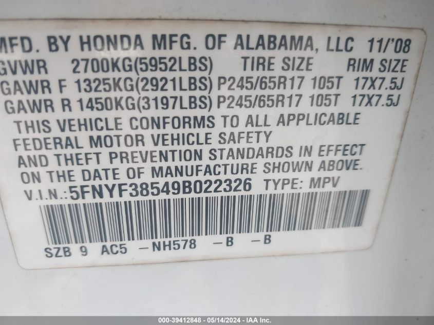 2009 Honda Pilot Ex-L VIN: 5FNYF38549B022326 Lot: 39412848