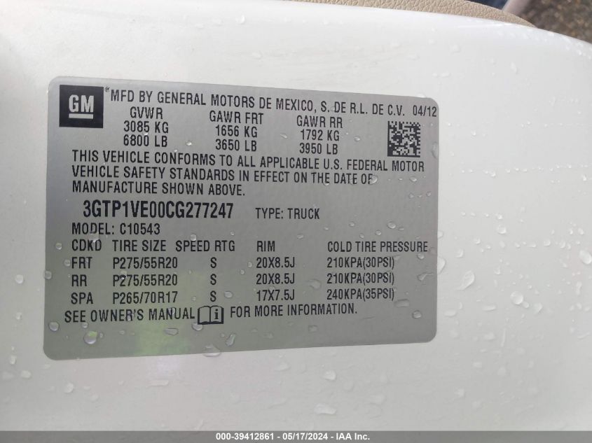 2012 GMC Sierra 1500 Sle VIN: 3GTP1VE00CG277247 Lot: 39412861