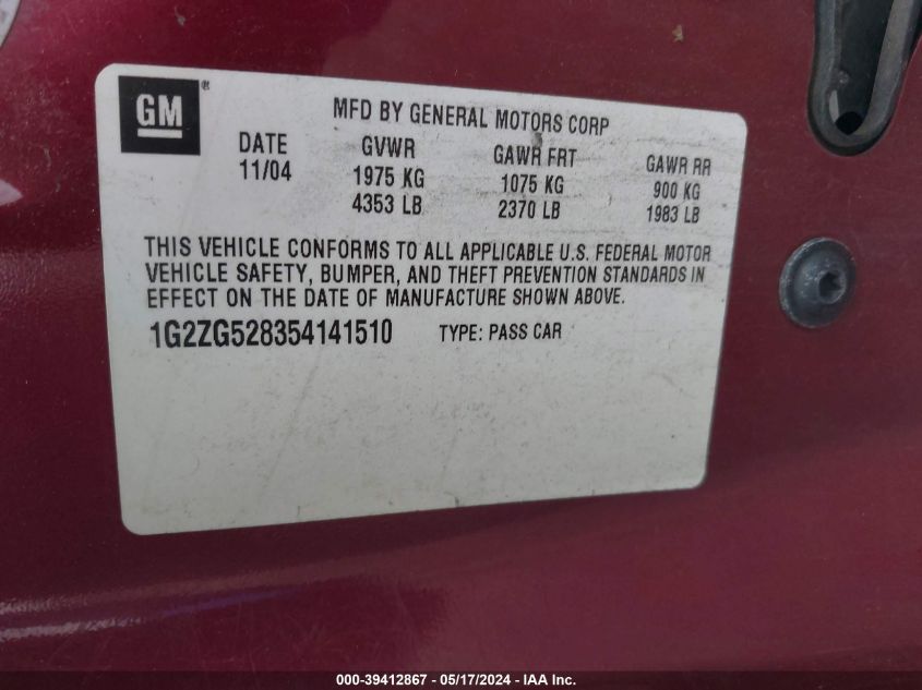 2005 Pontiac G6 VIN: 1G2ZG528354141510 Lot: 39412867