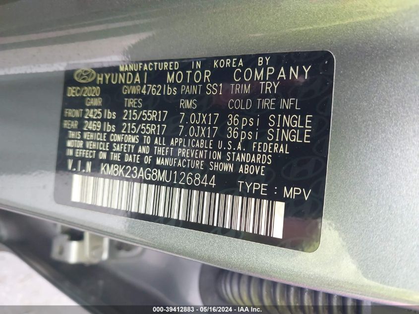 2021 Hyundai Kona Electric Sel VIN: KM8K23AG8MU126844 Lot: 39412883