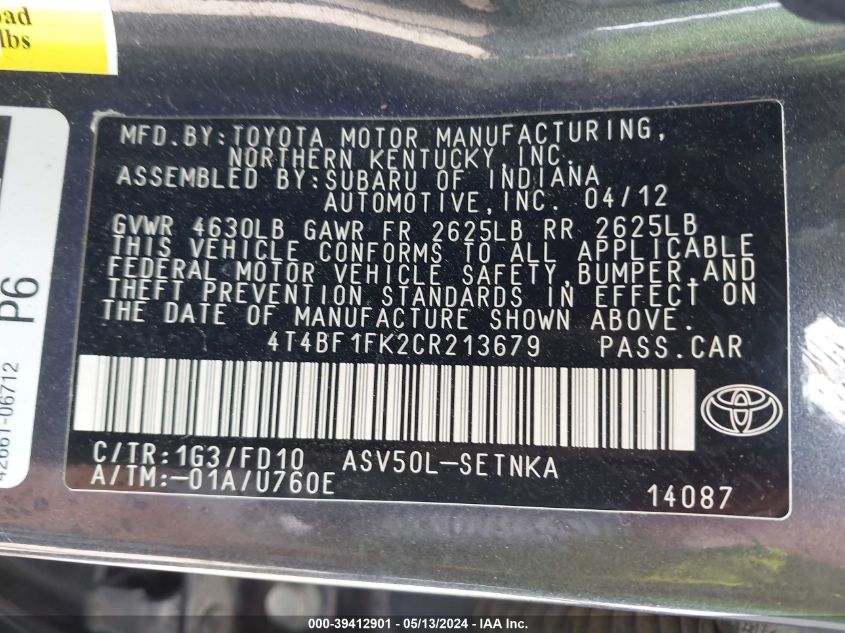 2012 Toyota Camry Le VIN: 4T4BF1FK2CR213679 Lot: 39412901