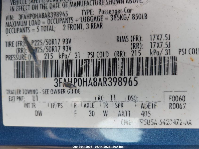 2010 Ford Fusion Se VIN: 3FAHP0HA8AR398965 Lot: 39412905