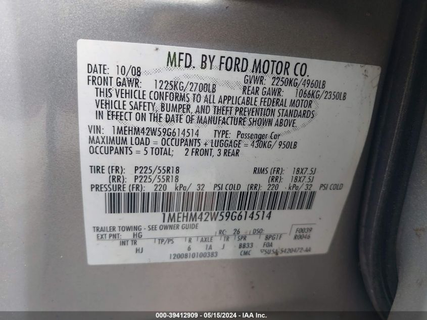 2009 Mercury Sable Premier VIN: 1MEHM42W59G614514 Lot: 39412909