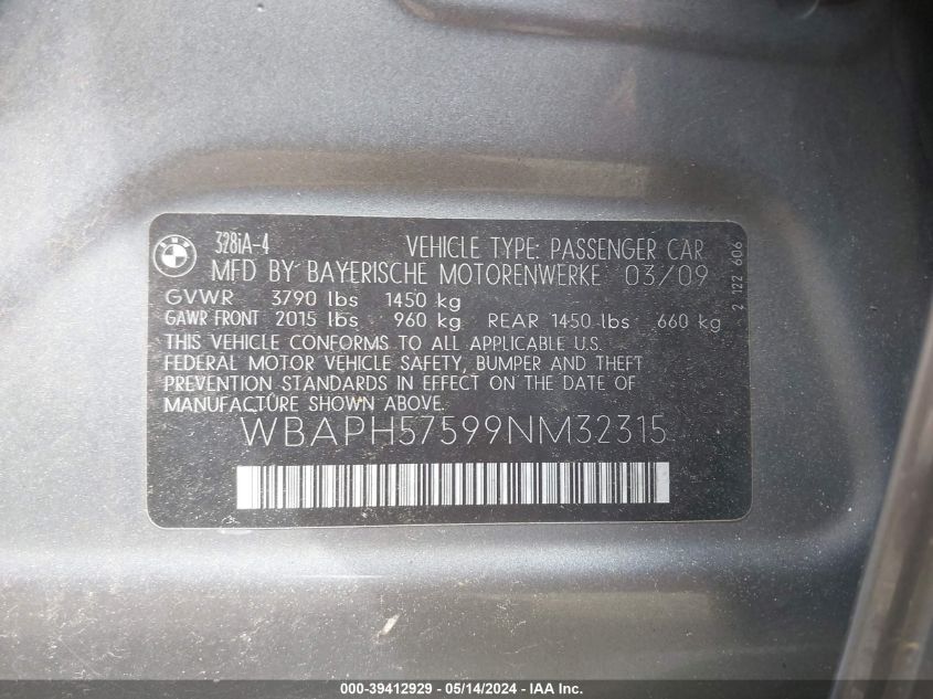 2009 BMW 328I VIN: WBAPH57599NM32315 Lot: 39412929
