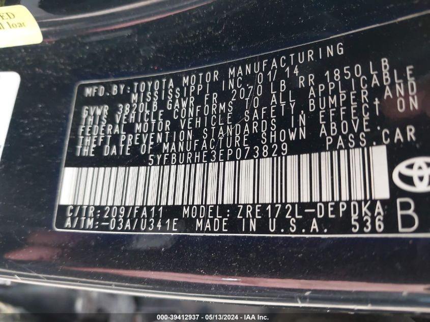 2014 Toyota Corolla L VIN: 5YFBURHE3EP073829 Lot: 39412937