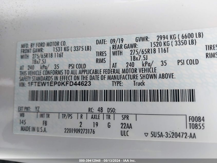 2019 Ford F-150 Xlt VIN: 1FTEW1EP0KFD44623 Lot: 39412948