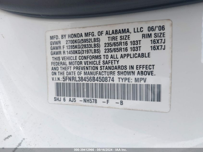 2006 Honda Odyssey Ex VIN: 5FNRL38456B450874 Lot: 39412966