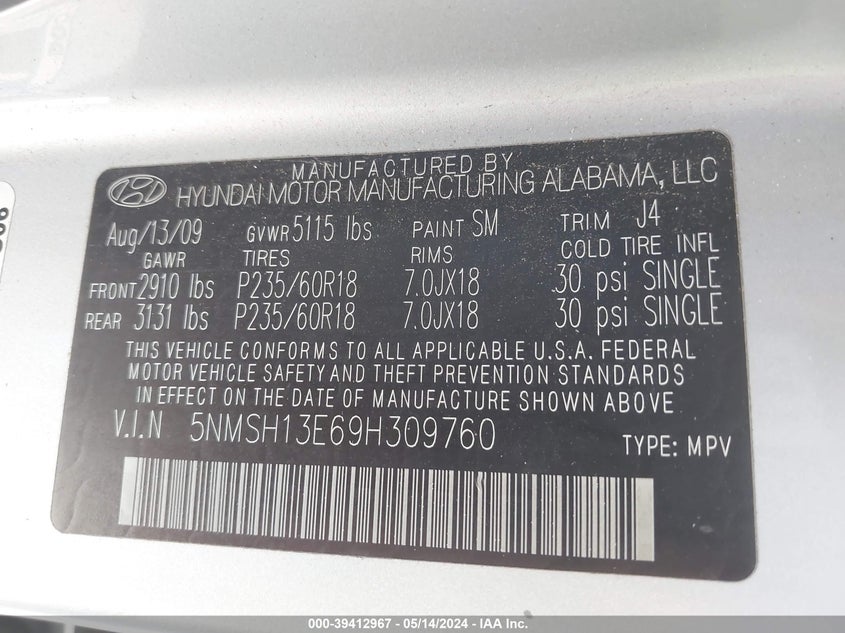 2009 Hyundai Santa Fe Se VIN: 5NMSH13E69H309760 Lot: 39412967