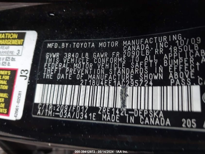 2010 Toyota Corolla S VIN: 2T1BU4EE1AC295724 Lot: 39412973