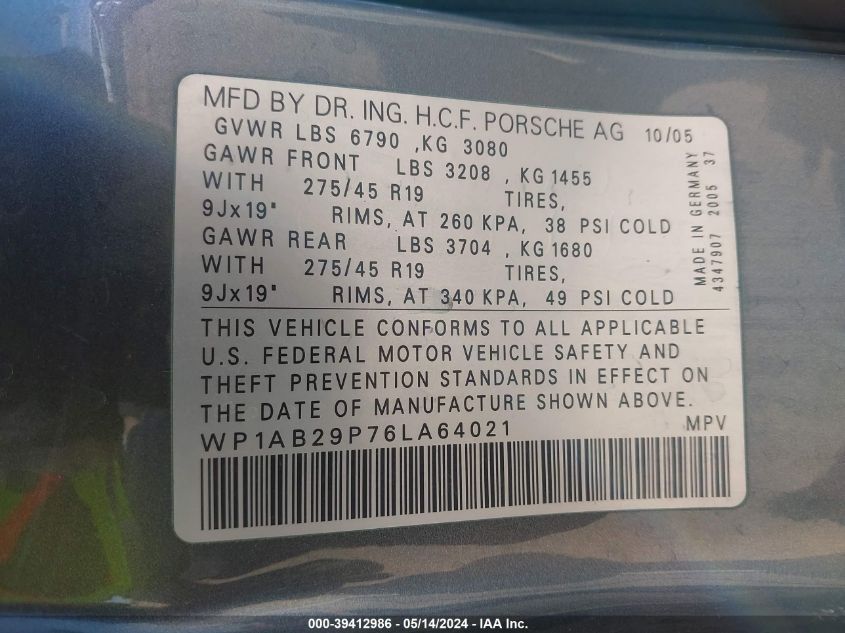 2006 Porsche Cayenne S/S Titanium Edition VIN: WP1AB29P76LA64021 Lot: 39412986