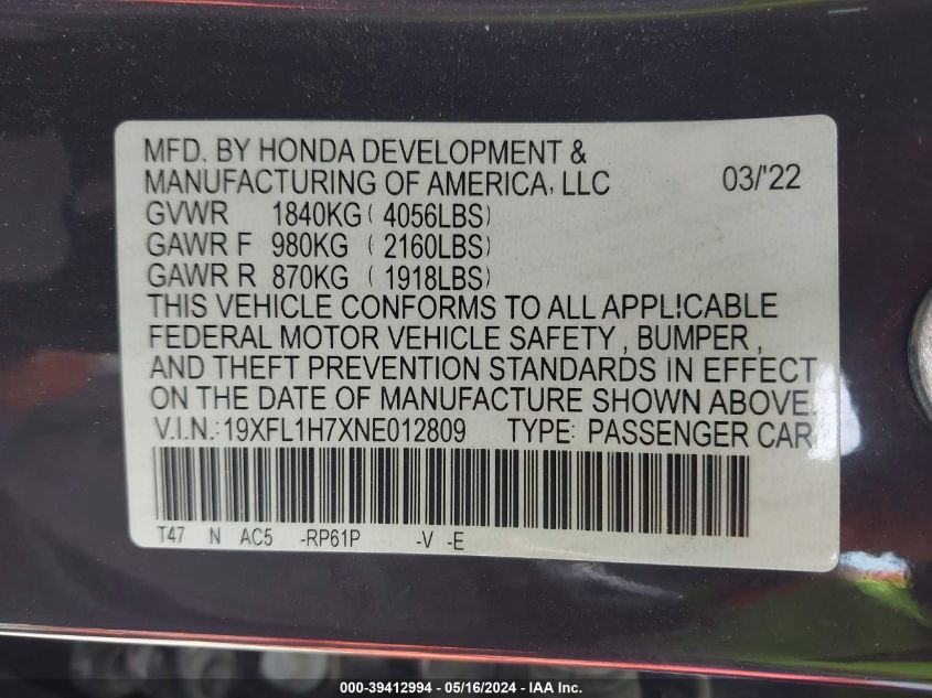 2022 Honda Civic Ex-L VIN: 19XFL1H7XNE012809 Lot: 39412994