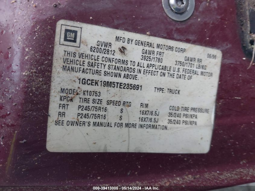 1996 Chevrolet Gmt-400 K1500 VIN: 1GCEK19M5TE235691 Lot: 39413005