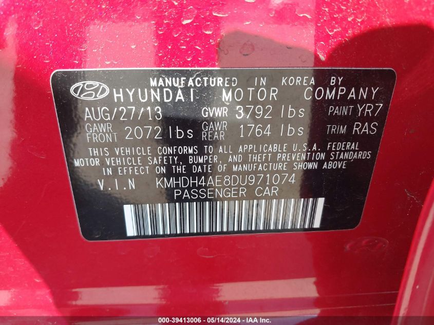 2013 Hyundai Elantra Gls VIN: KMHDH4AE8DU971074 Lot: 39413006