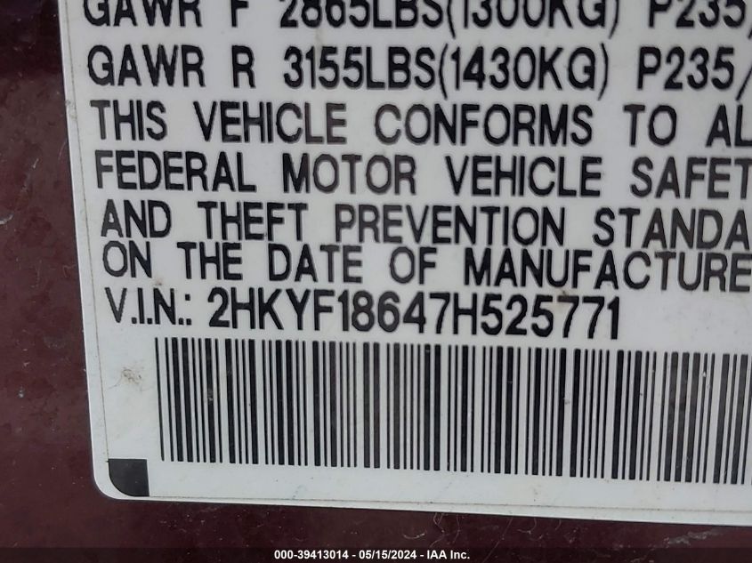 2007 Honda Pilot Ex-L VIN: 2HKYF18647H525771 Lot: 39413014