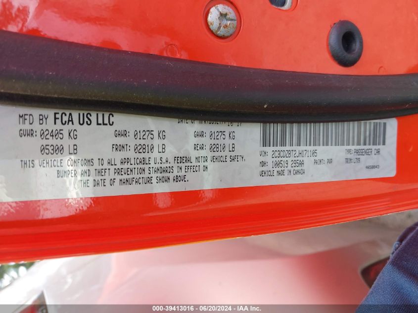 2018 Dodge Challenger R/T VIN: 2C3CDZBT2JH171105 Lot: 39413016