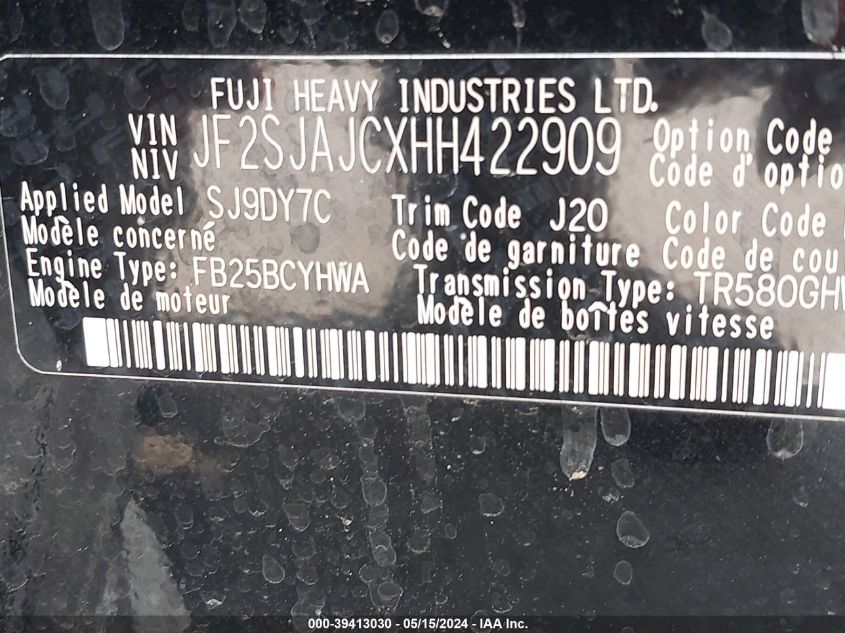 2017 Subaru Forester 2.5I Limited VIN: JF2SJAJCXHH422909 Lot: 39413030