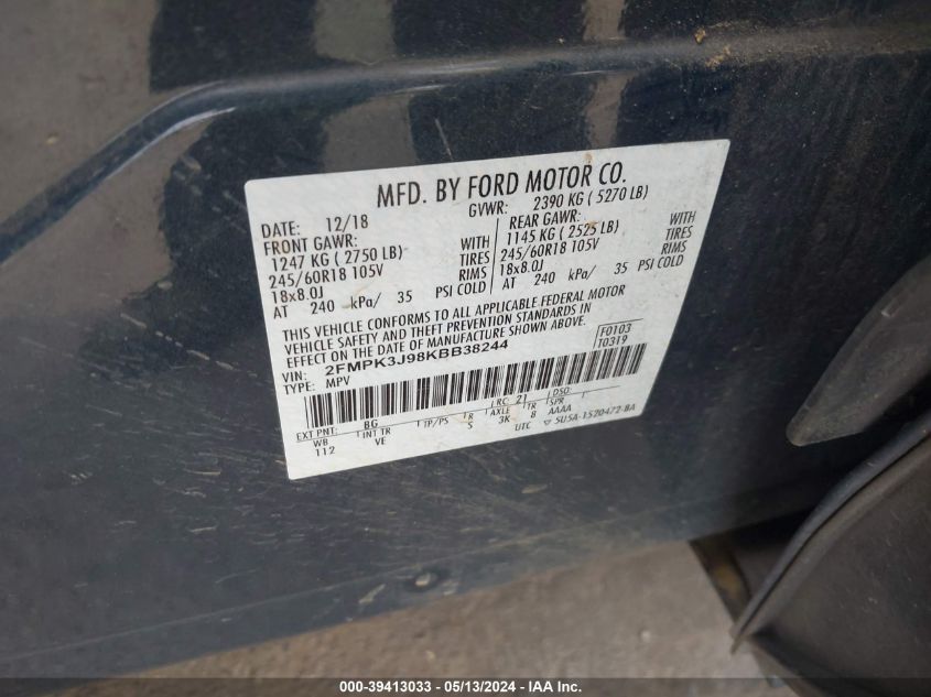 2019 Ford Edge Sel VIN: 2FMPK3J98KBB38244 Lot: 39413033