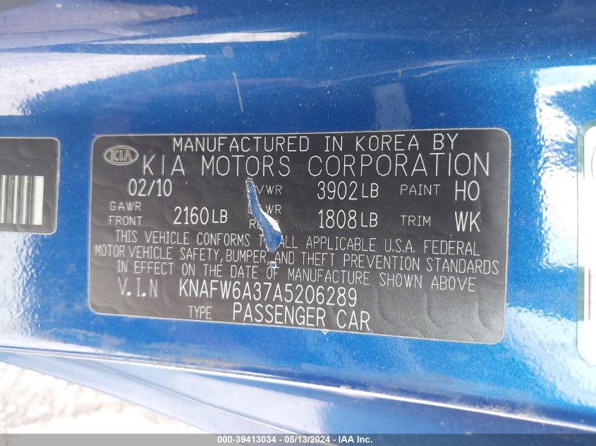 2010 Kia Forte Koup Sx VIN: KNAFW6A37A5206289 Lot: 39413034