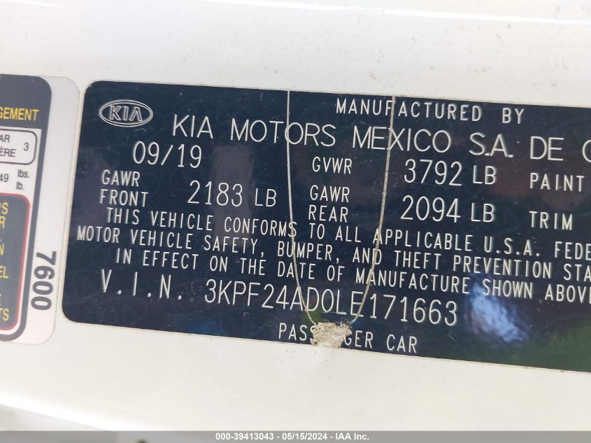 2020 Kia Forte Fe VIN: 3KPF24AD0LE171663 Lot: 39413043