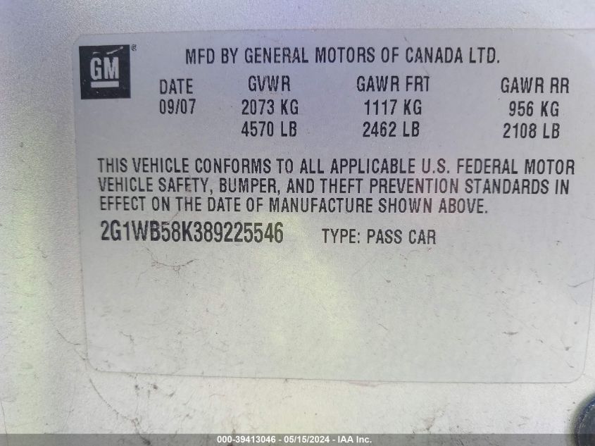 2008 Chevrolet Impala Ls VIN: 2G1WB58K389225546 Lot: 39413046