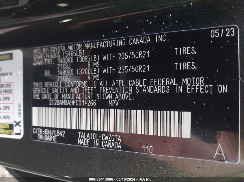 2023 Lexus Rx 350 Premium Plus VIN: 2T2BAMBA9PC014266 Lot: 39413066