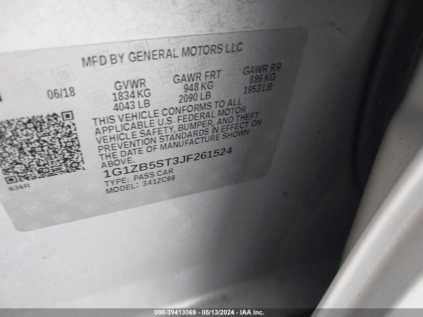 2018 Chevrolet Malibu 1Ls VIN: 1G1ZB5ST3JF261524 Lot: 39413069