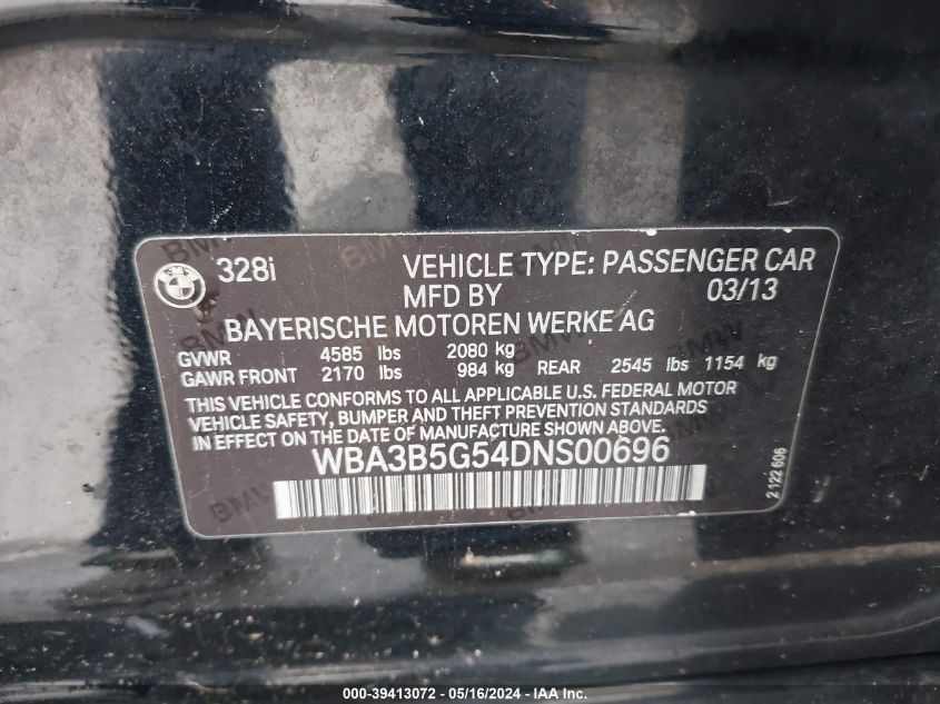 2013 BMW 328I xDrive VIN: WBA3B5G54DNS00696 Lot: 39413072