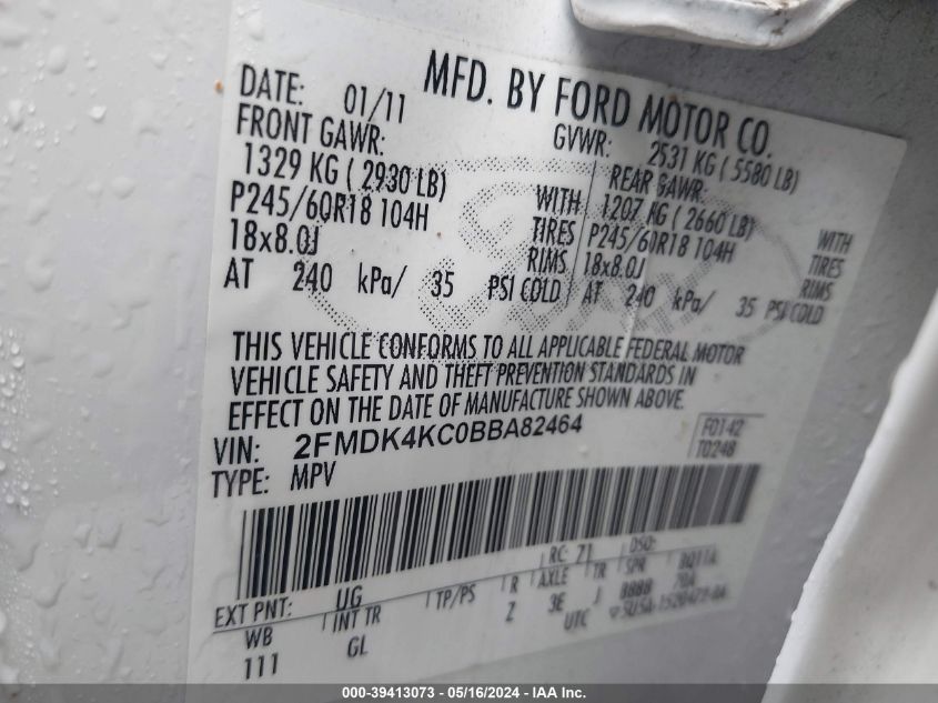 2011 Ford Edge Limited VIN: 2FMDK4KC0BBA82464 Lot: 39413073