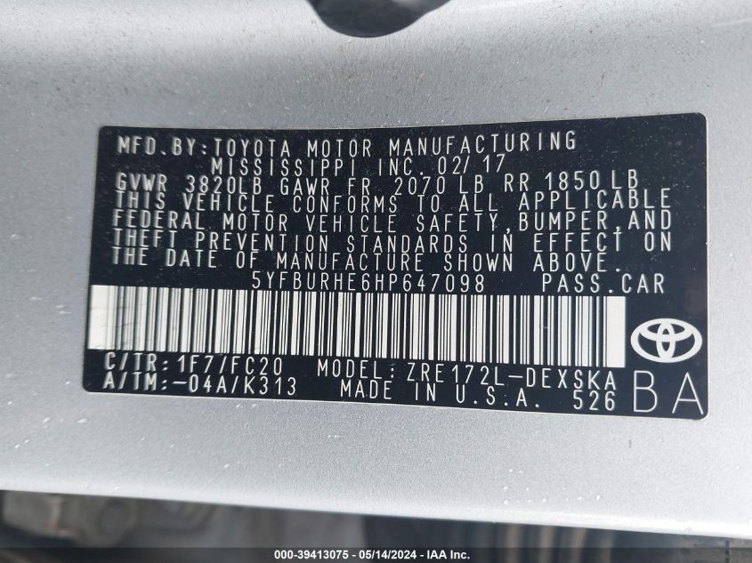 2017 Toyota Corolla Se VIN: 5YFBURHE6HP647098 Lot: 39413075