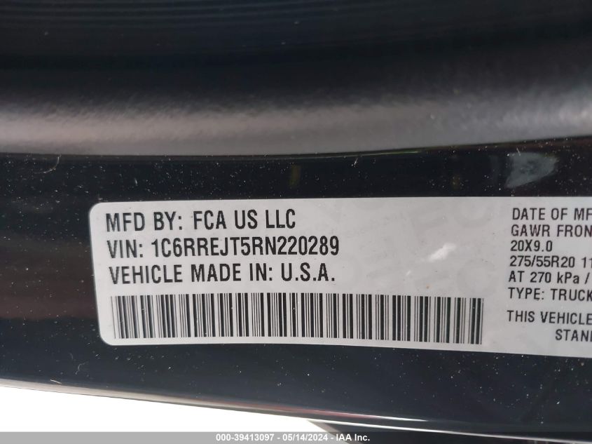 2024 Ram 1500 Laramie VIN: 1C6RREJT5RN220289 Lot: 39413097
