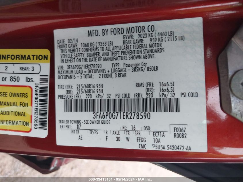 2014 Ford Fusion S VIN: 3FA6P0G71ER278590 Lot: 39413131