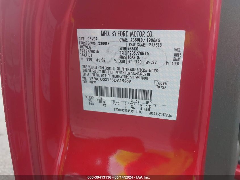 2005 Ford Escape Xlt VIN: 1FMCU03155DA15269 Lot: 39413136