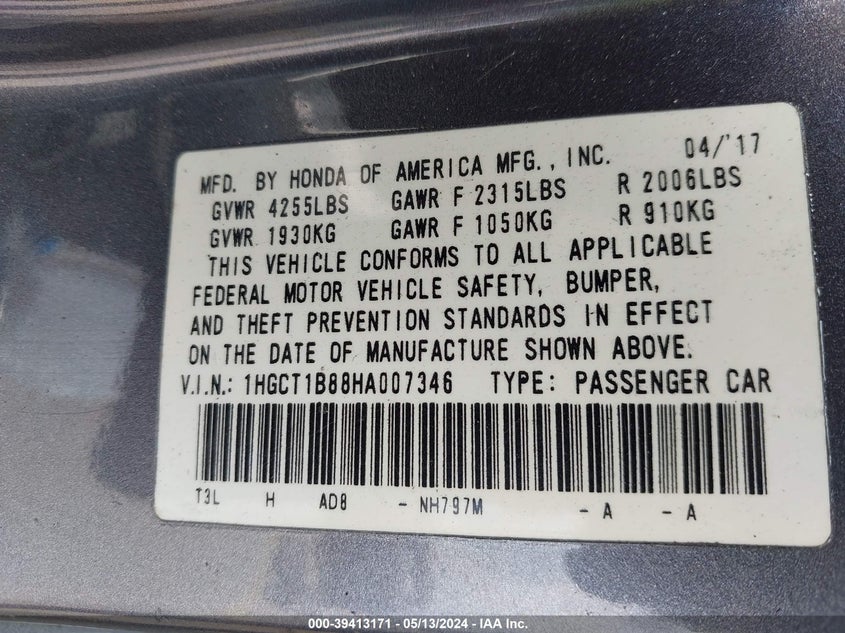 VIN 1HGCT1B88HA007346 2017 HONDA ACCORD EX-L