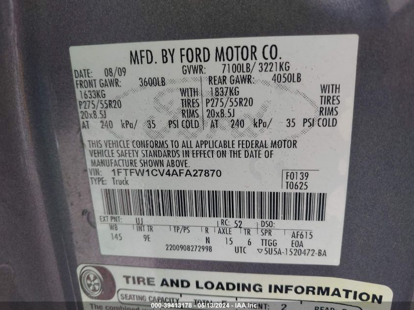 2010 Ford F-150 Fx2 Sport/Harley-Davidson/King Ranch/Lariat/Platinum/Xl/Xlt VIN: 1FTFW1CV4AFA27870 Lot: 39413178