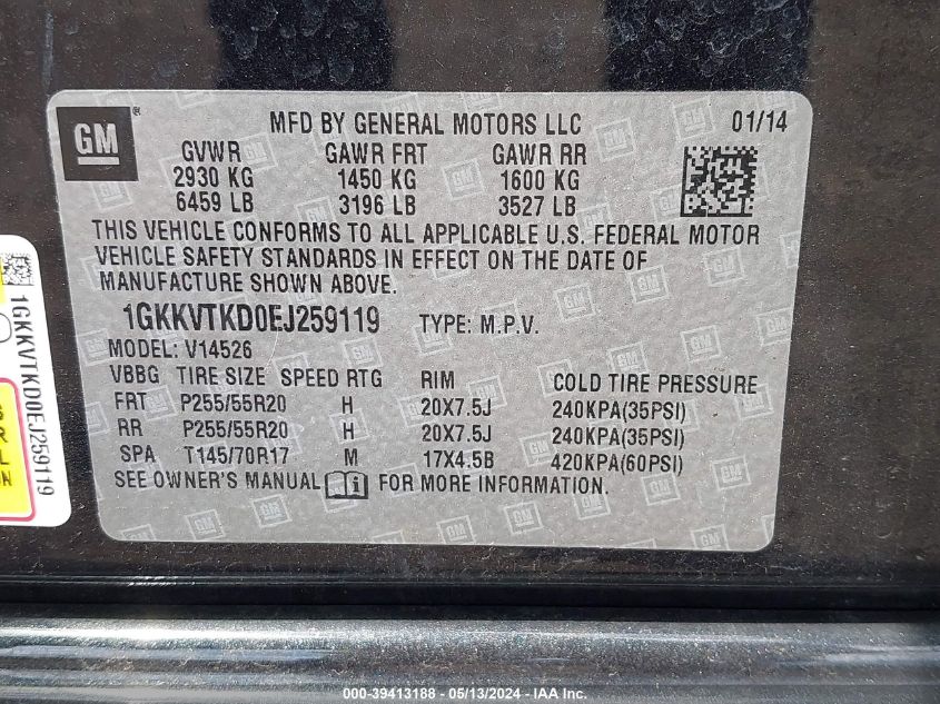 2014 GMC Acadia Denali VIN: 1GKKVTKD0EJ259119 Lot: 39413188