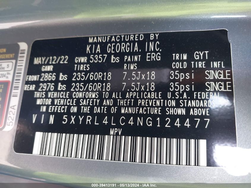 2022 Kia Sorento S VIN: 5XYRL4LC4NG124477 Lot: 39413191