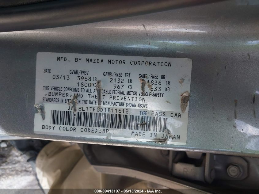 2013 Mazda Mazda3 I Sv VIN: JM1BL1TF0D1811612 Lot: 39413197