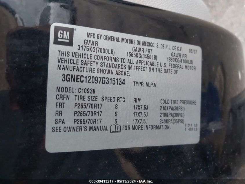 2007 Chevrolet Avalanche 1500 Ls VIN: 3GNEC12097G315134 Lot: 39413217