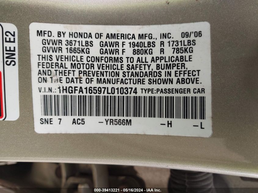 2007 Honda Civic Lx VIN: 1HGFA16597L010374 Lot: 39413221