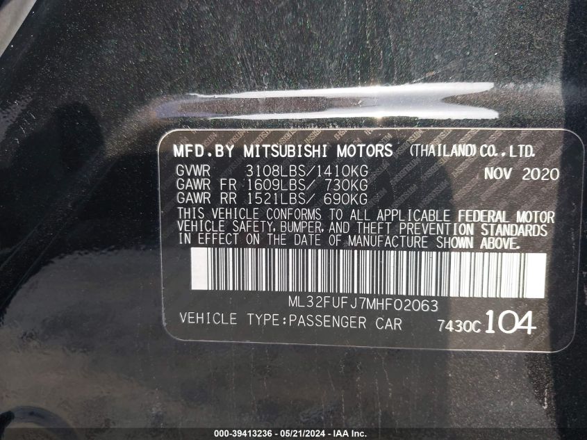 2021 Mitsubishi Mirage G4 Carbonite Edition/Es/Le VIN: ML32FUFJ7MHF02063 Lot: 39413236