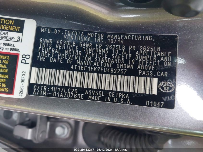 2015 Toyota Camry Xse VIN: 4T1BF1FK7FU482257 Lot: 39413247