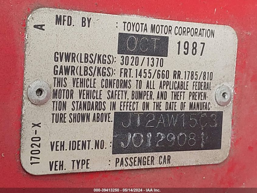 1988 Toyota Mr2 VIN: JT2AW15C3J0129081 Lot: 39413250