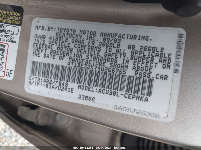 2004 Toyota Camry Le/Xle/Se VIN: 4T1BE32K74U266765 Lot: 39413255