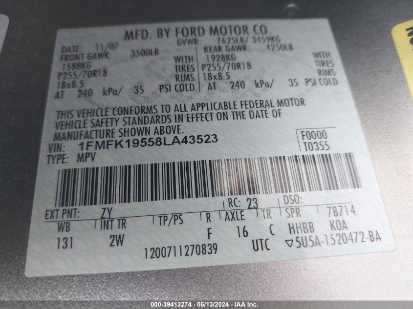 2008 Ford Expedition El Limited VIN: 1FMFK19558LA43523 Lot: 39413274