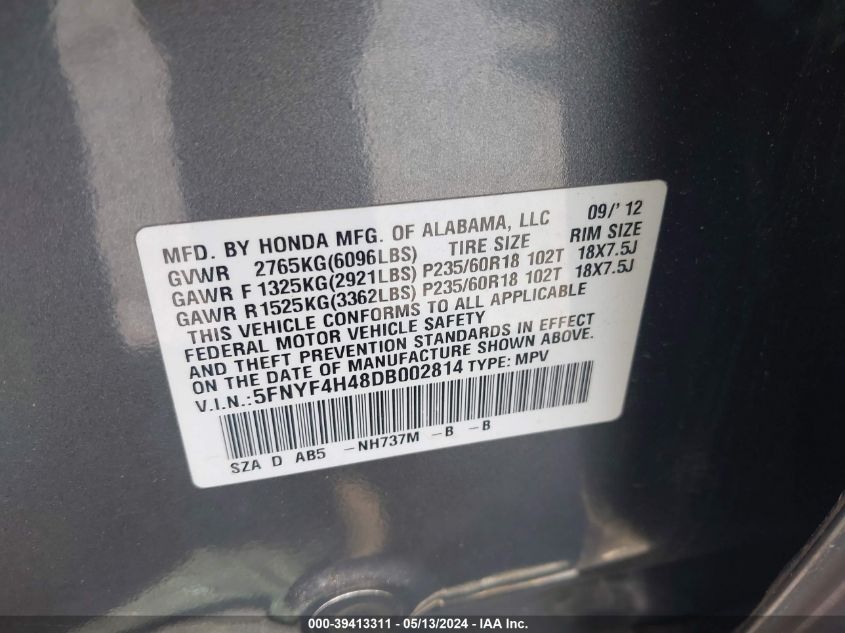 2013 Honda Pilot Ex VIN: 5FNYF4H48DB002814 Lot: 39413311
