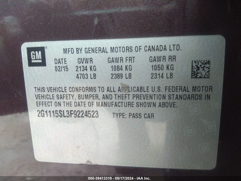 2015 Chevrolet Impala 1Lt VIN: 2G1115SL3F9224523 Lot: 39413319