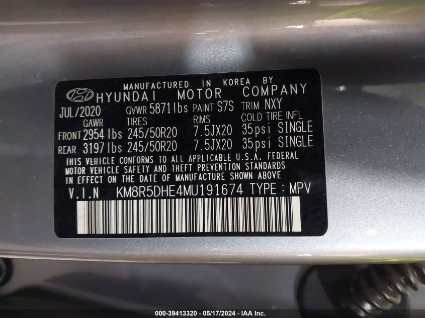 2021 Hyundai Palisade Limited VIN: KM8R5DHE4MU191674 Lot: 39413320